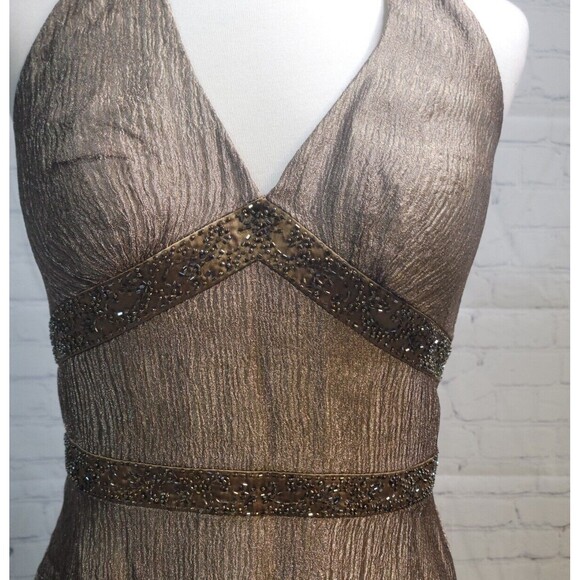 Vintage Cache Womens Halter Dress Size 10 Bronze Metallic Crinkled Silk Beaded - Picture 3 of 10